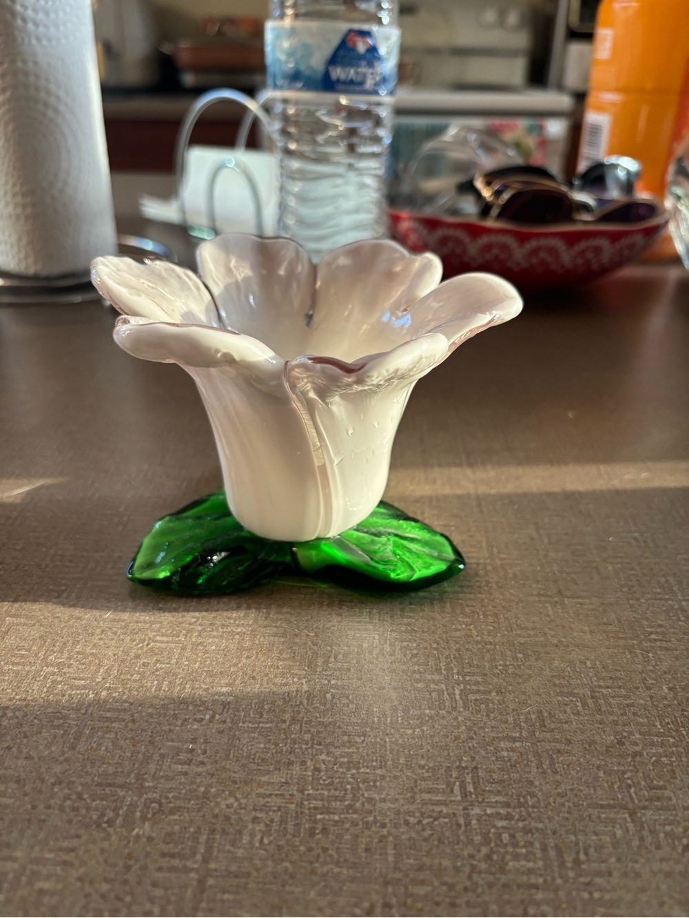 White Glass Flower Votive with Green Leaf Base - Home Accents
